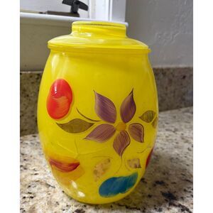 Stunning Vintage Complete Bartlett Collins Yellow Glass Hand Painted Cookie Jar